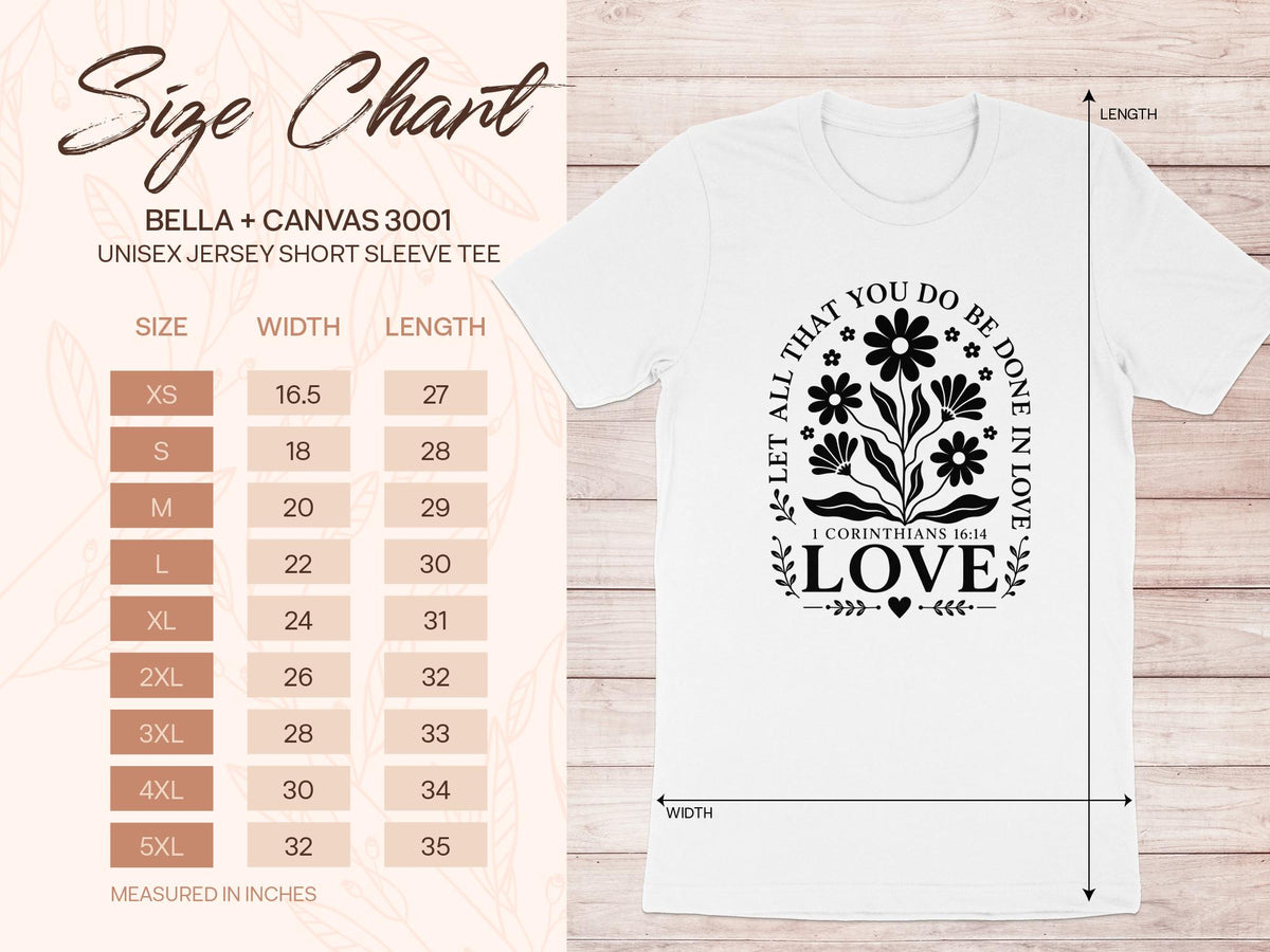 Bella + Canvas 3001 unisex jersey short sleeve tee size chart with floral "love" graphic.