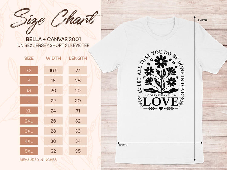 Bella + Canvas 3001 unisex jersey short sleeve tee size chart with floral "love" graphic.