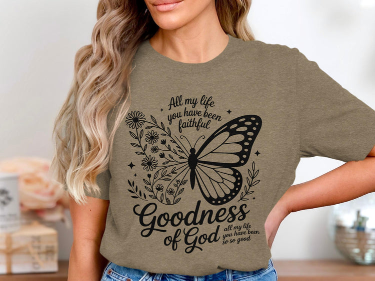 Brown t-shirt with butterfly and floral graphic reading "Goodness of God".