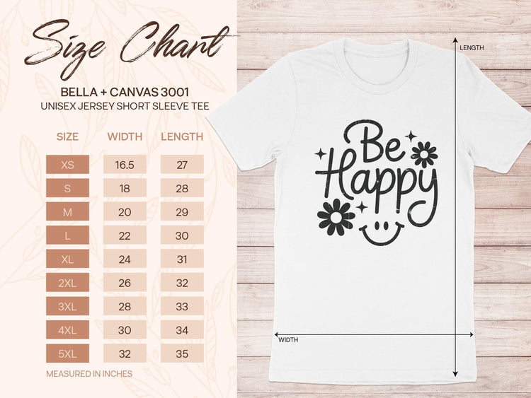 Bella + Canvas 3001 size chart with unisex t-shirt measurements in inches.