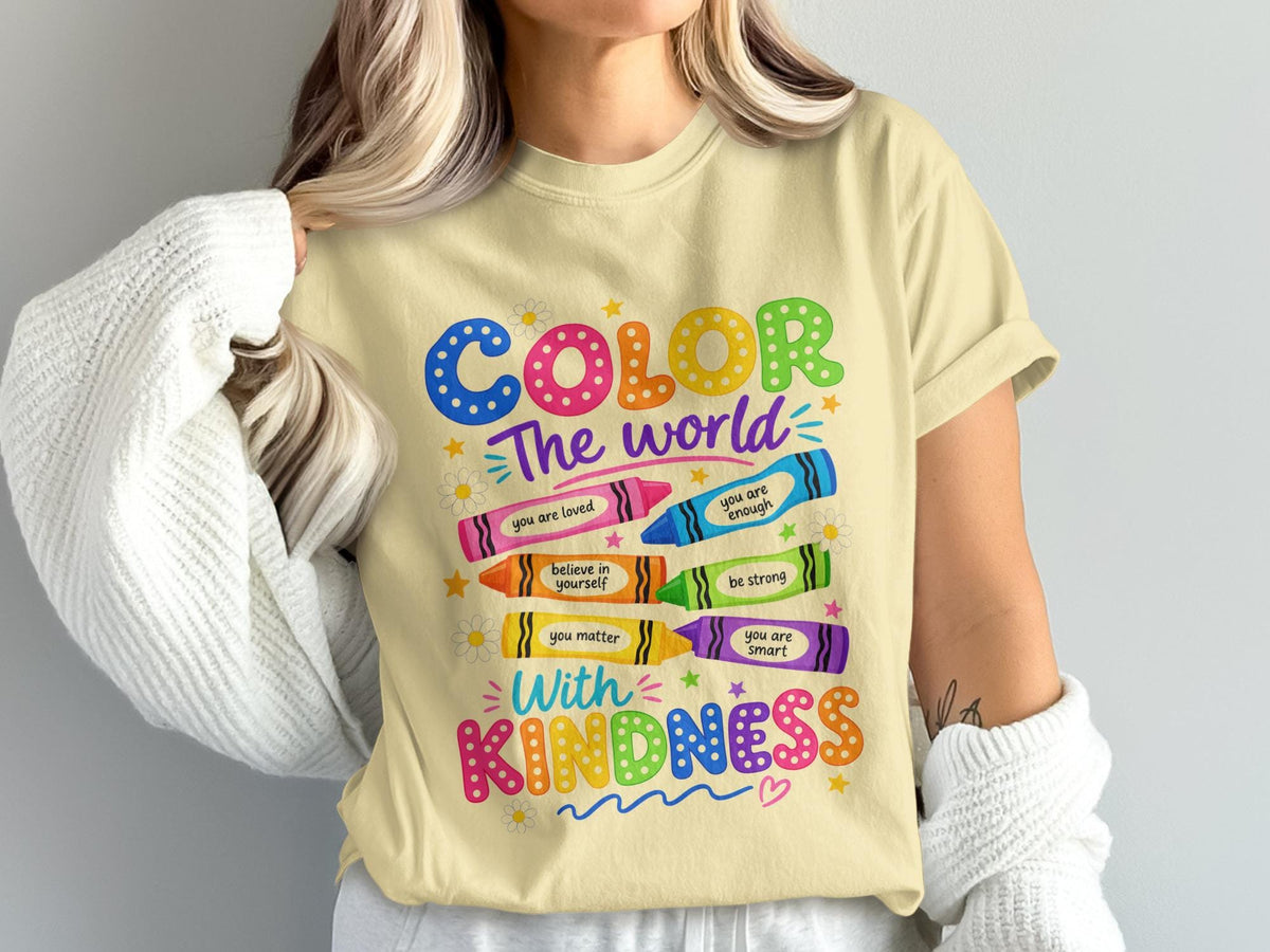 "Color The World With Kindness" with affirmations on crayons.