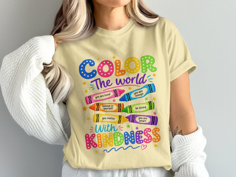 "Color The World With Kindness" with affirmations on crayons.