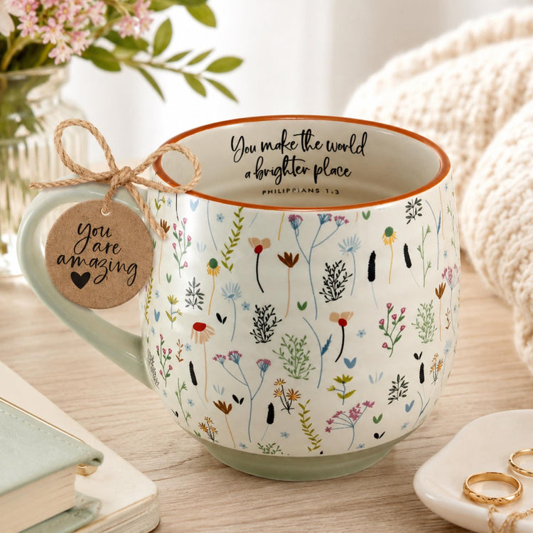 Floral Ceramic Christian Mug, Inspirational Faith Message, Boho Coffee Cup (18 Oz), Floral Wildflower