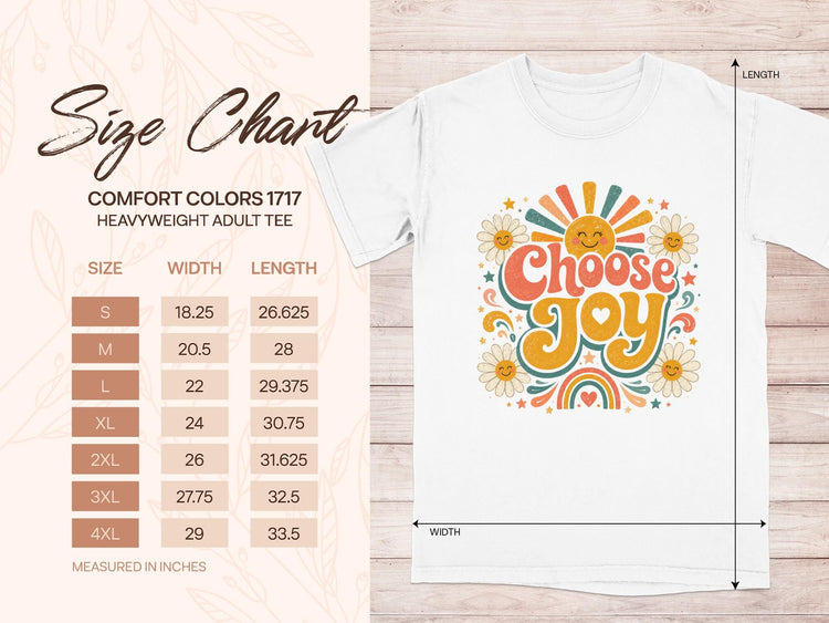 Comfort Colors 1717 heavyweight adult tee size chart with width and length measurements.
