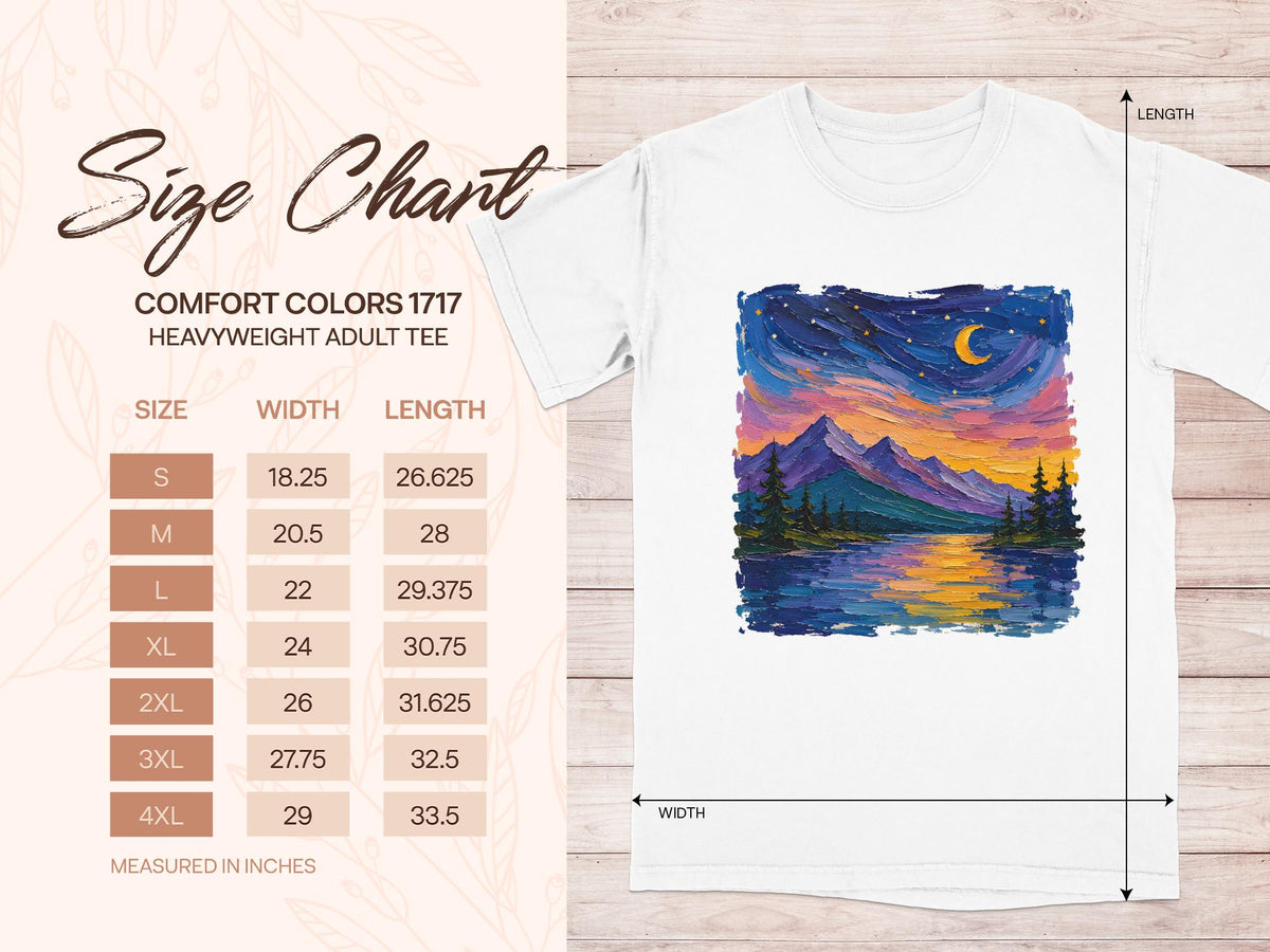 Comfort Colors 1717 heavyweight adult tee size chart with width and length measurements.