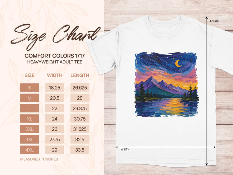 Comfort Colors 1717 heavyweight adult tee size chart with width and length measurements.