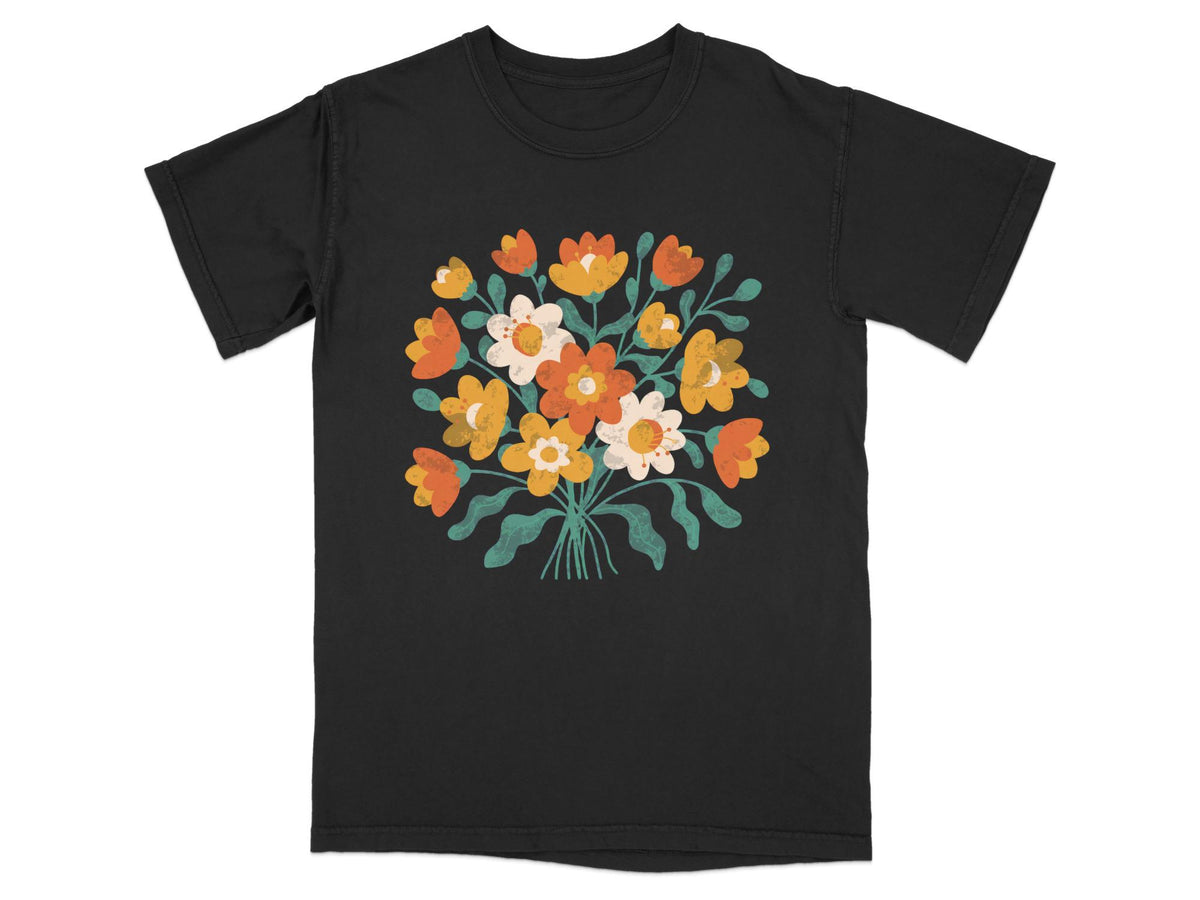 Black t-shirt with a colorful retro floral bouquet graphic.