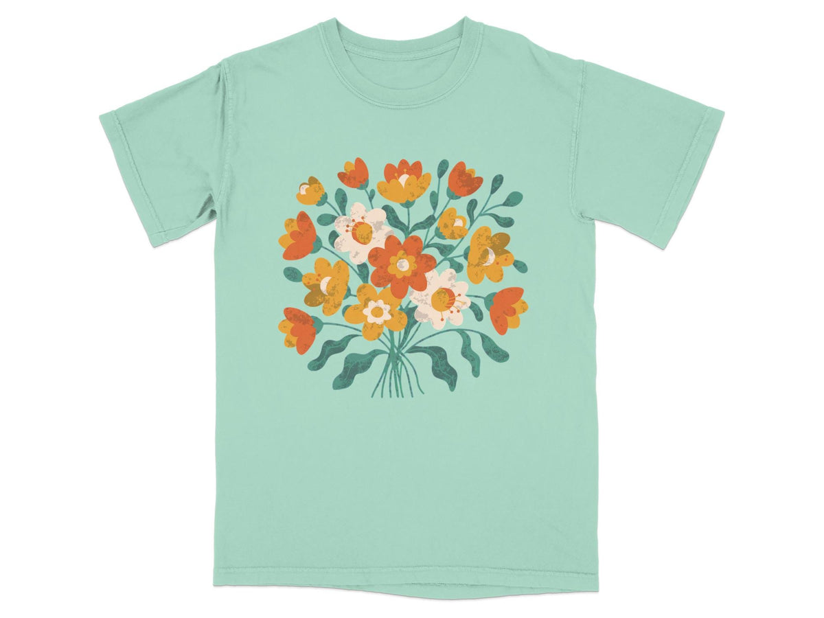 Light mint t-shirt with a colorful bouquet of stylized flowers and leaves.