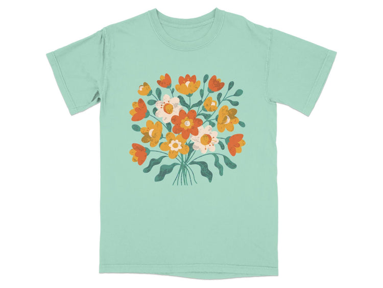 Light mint t-shirt with a colorful bouquet of stylized flowers and leaves.