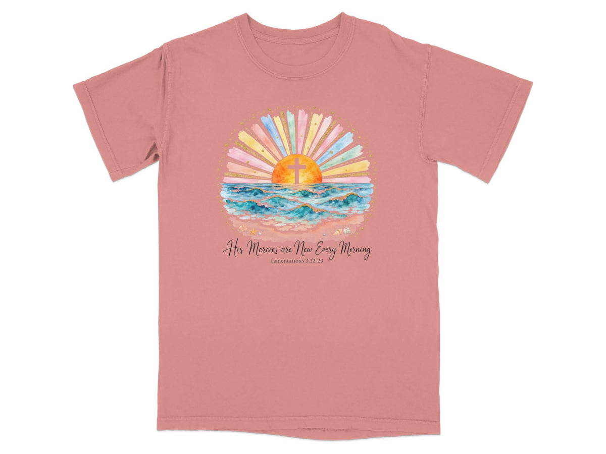 Watercolor sunrise over ocean with cross, reads "His Mercies are New Every Morning".