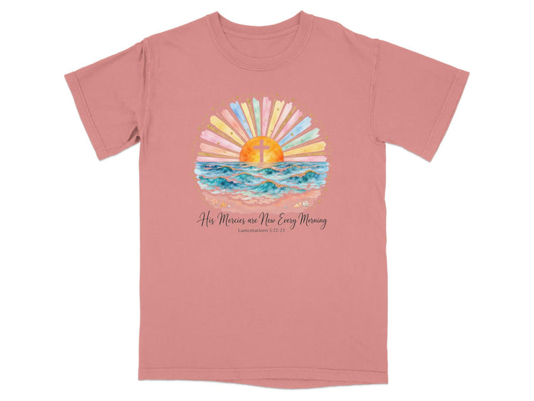 Watercolor sunrise over ocean with cross, reads "His Mercies are New Every Morning".
