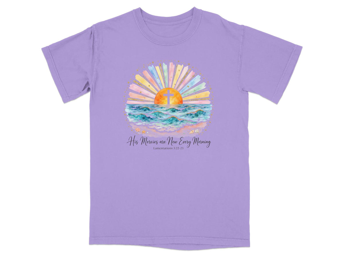 Purple t-shirt with sunrise, ocean, and cross graphic with "His Mercies are New Every Morning".