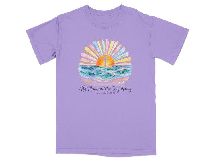 Purple t-shirt with sunrise, ocean, and cross graphic with "His Mercies are New Every Morning".