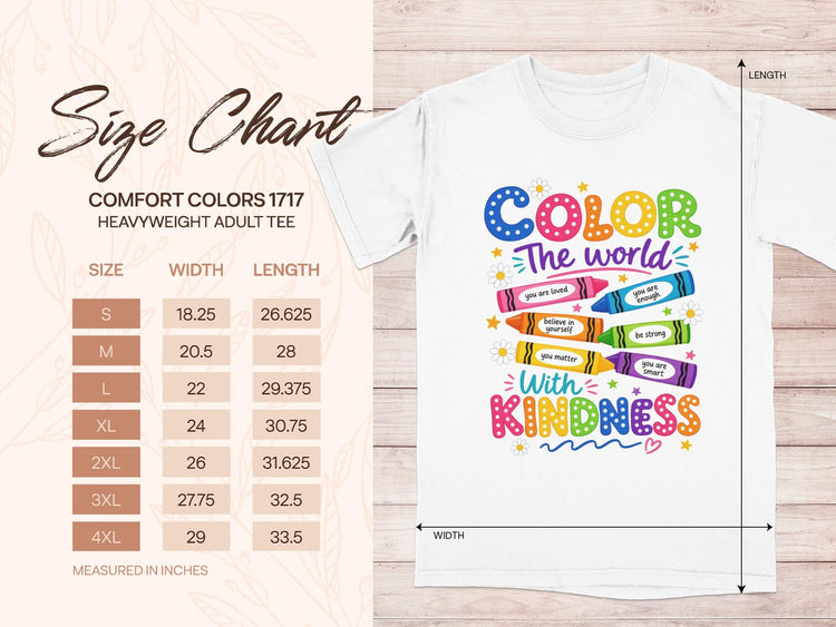 Comfort Colors 1717 adult tee size chart including width and length in inches.