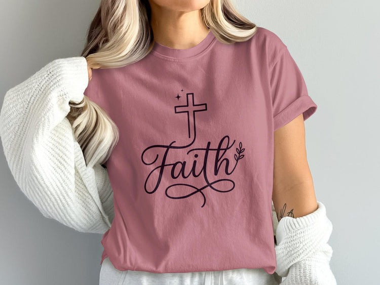 Rose t-shirt with black cross and "Faith" graphic.