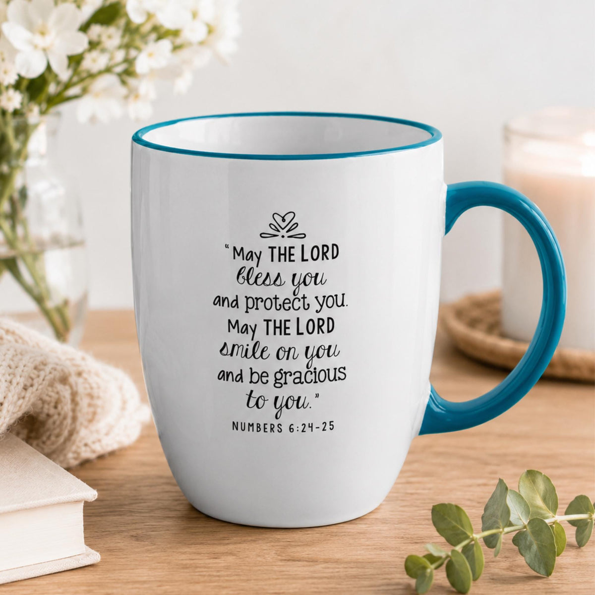 Christian Mug, Numbers 6:24-25 Bible Verse, Teal Rim Ceramic Cup