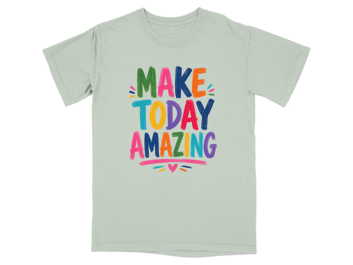 Yellow t-shirt with "Make Today Amazing" text in colorful chalky lettering.