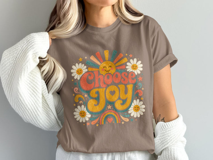 Brown t-shirt with "Choose Joy" graphic featuring a smiling sun and daisies.