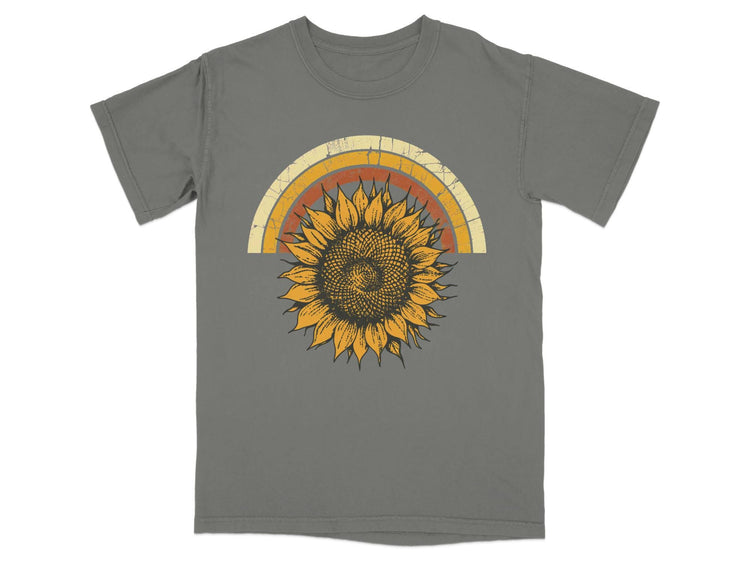 Gray t-shirt with a distressed sunflower and rainbow graphic.