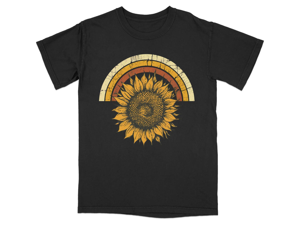 Black t-shirt with distressed rainbow and sunflower graphic.