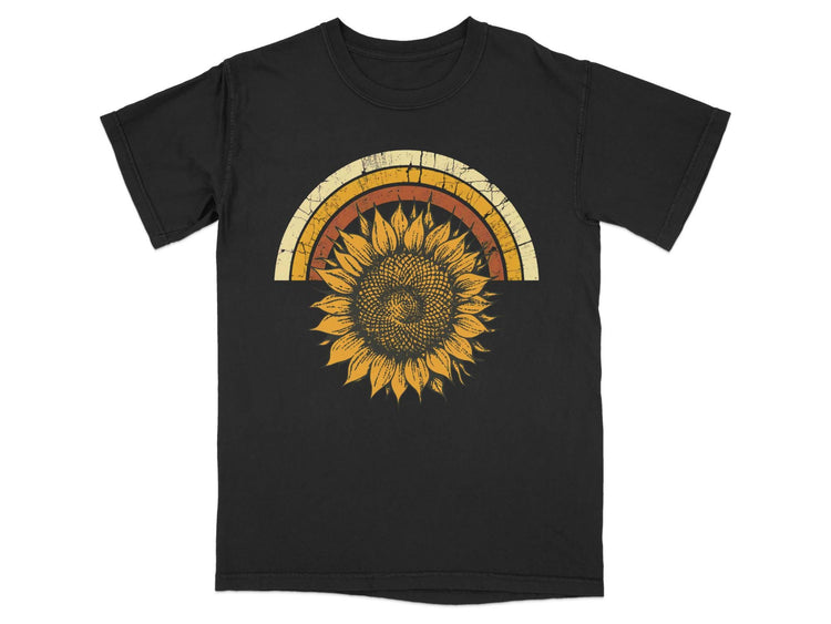Black t-shirt with distressed rainbow and sunflower graphic.