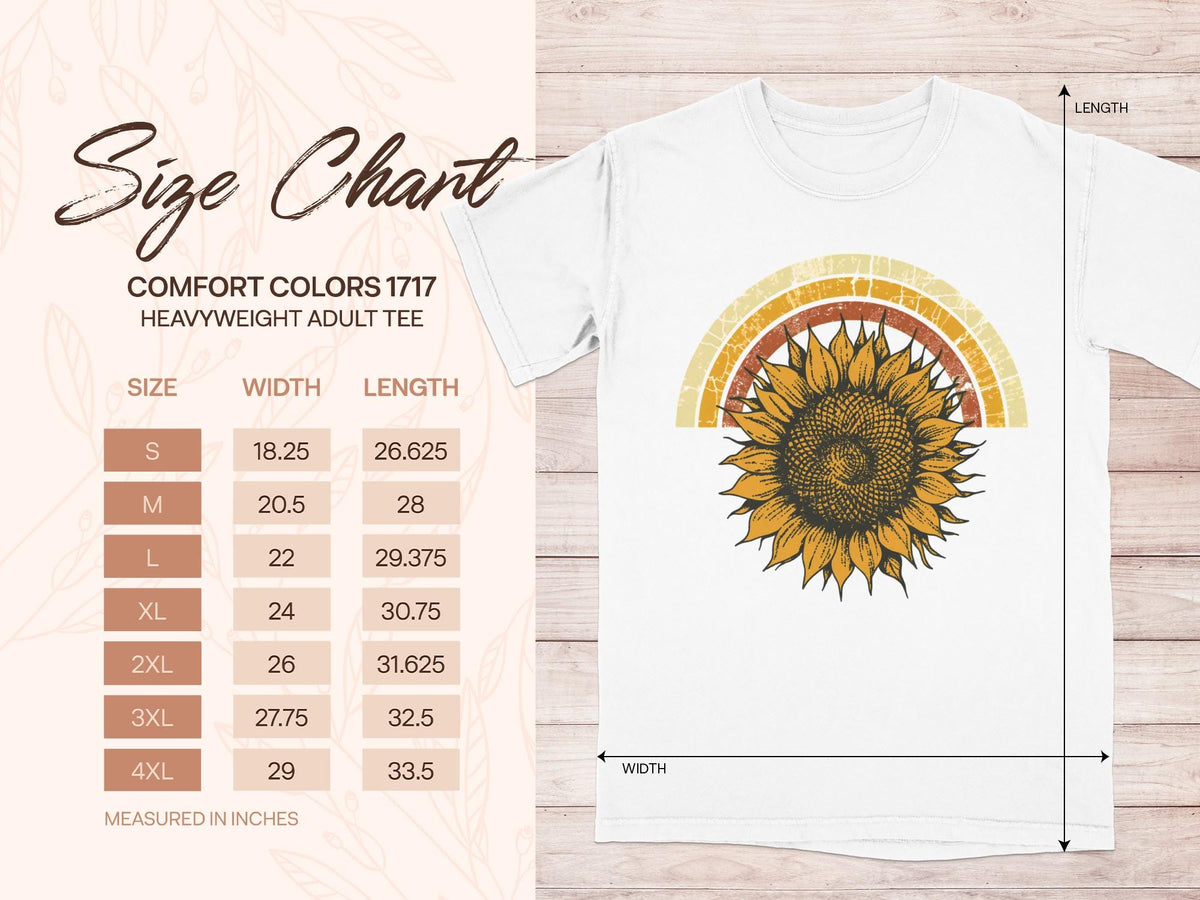 Size chart for Comfort Colors 1717 heavyweight adult tee with measurements in inches.