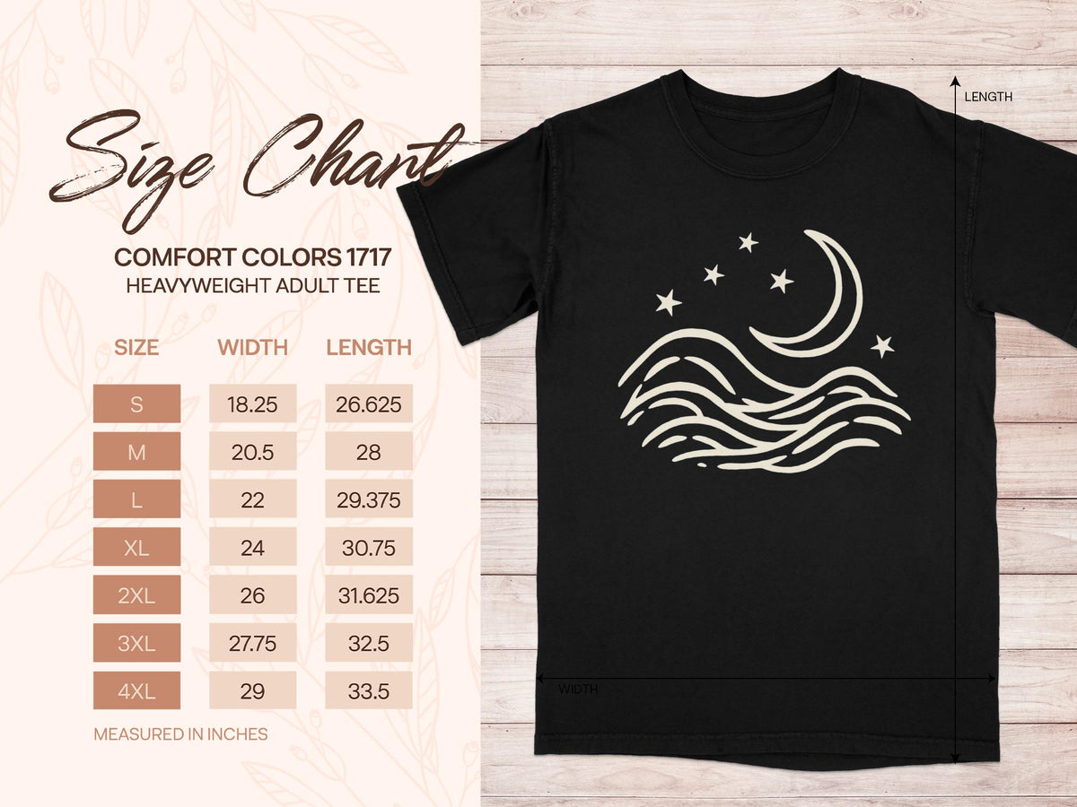 Comfort Colors 1717 size chart for heavyweight adult tees, measured in inches.
