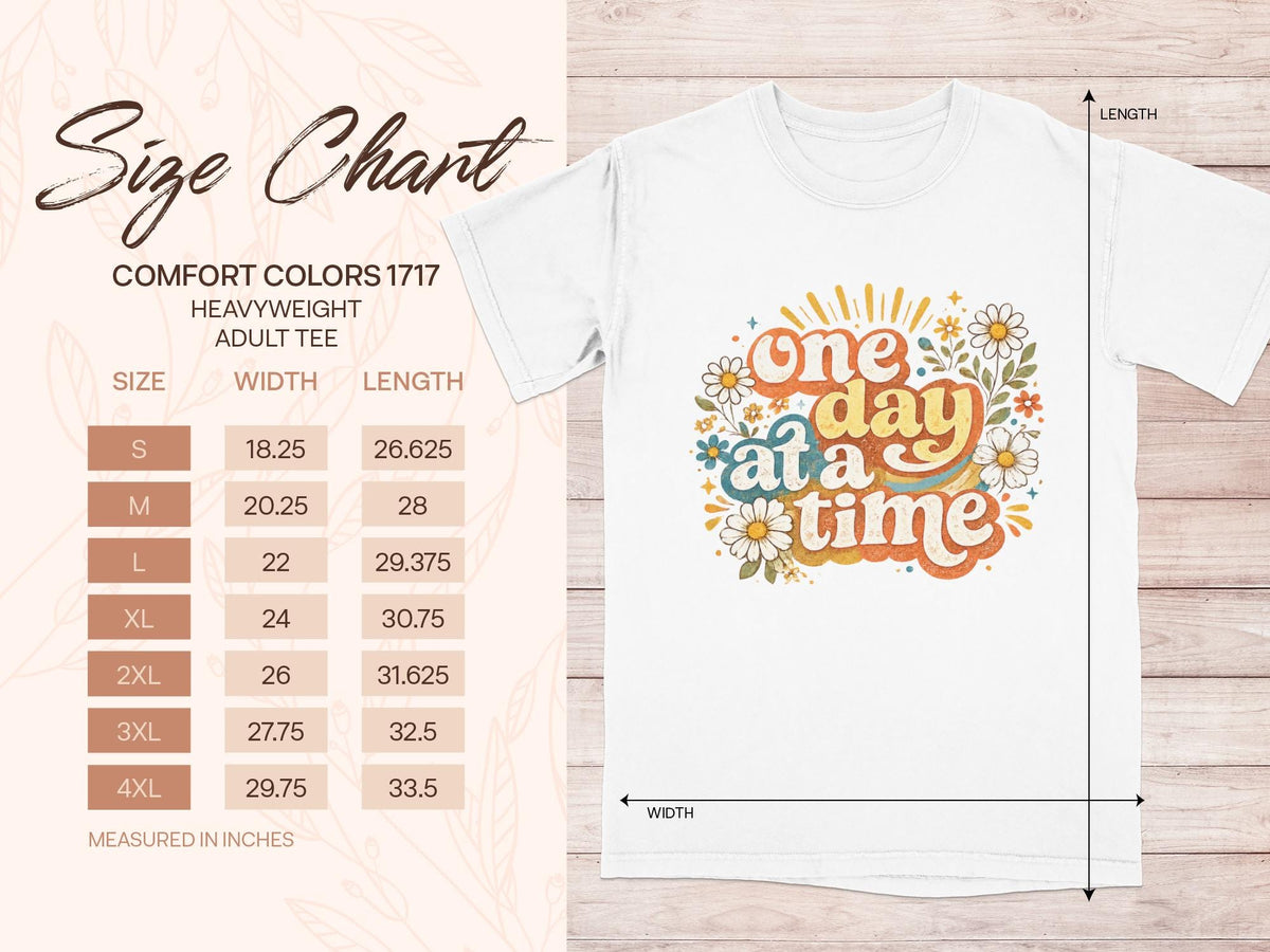 Size chart for Comfort Colors 1717 heavyweight adult tee with measurements.