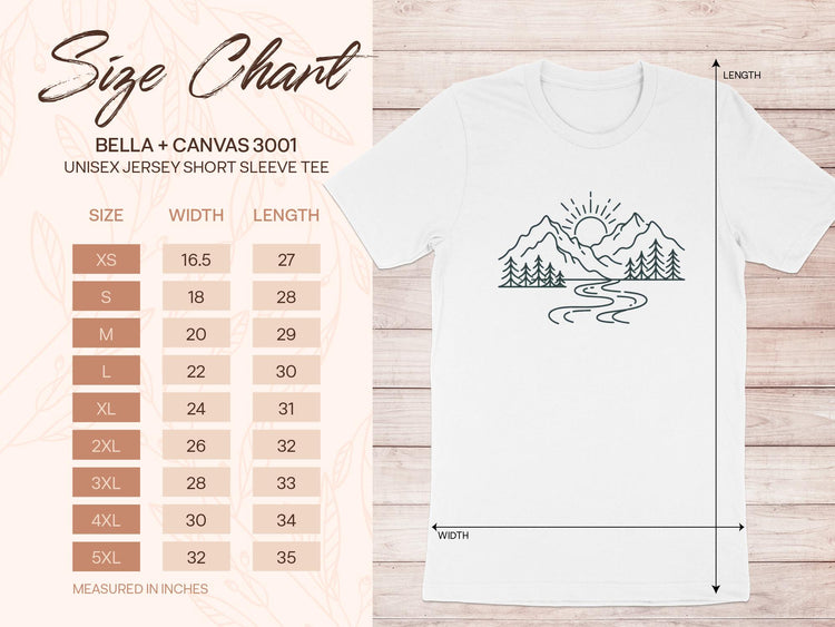 Size chart for Bella + Canvas 3001 unisex t-shirt with mountain graphic.