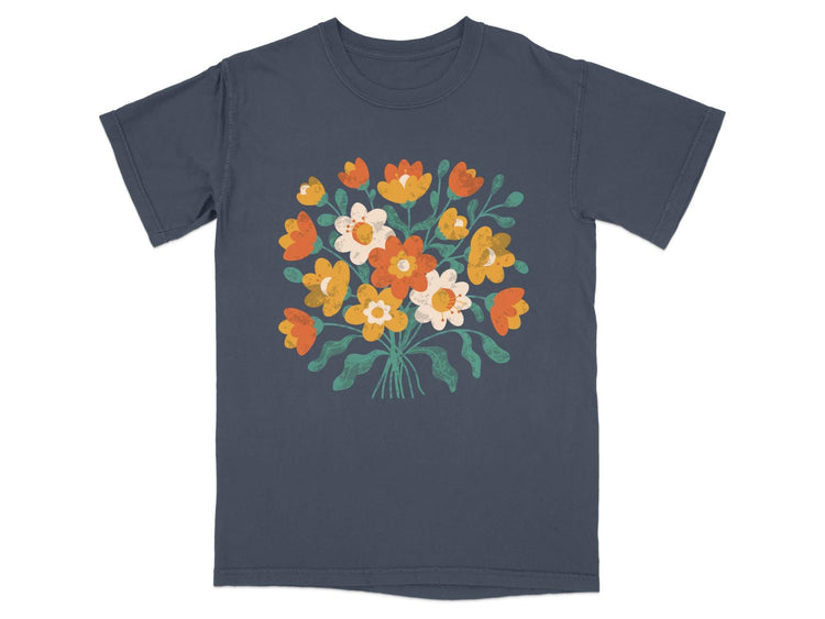 Dark grey t-shirt with a bouquet of stylized orange, yellow, and white flowers.