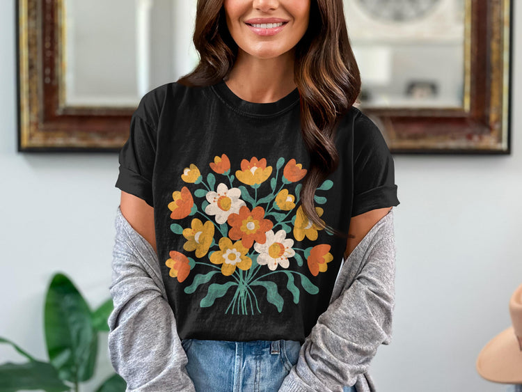 Black t-shirt with a colorful bouquet of retro-style flowers.