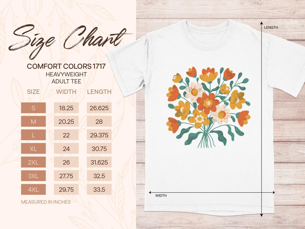 Comfort Colors 1717 heavyweight adult tee size chart with width and length measurements in inches.