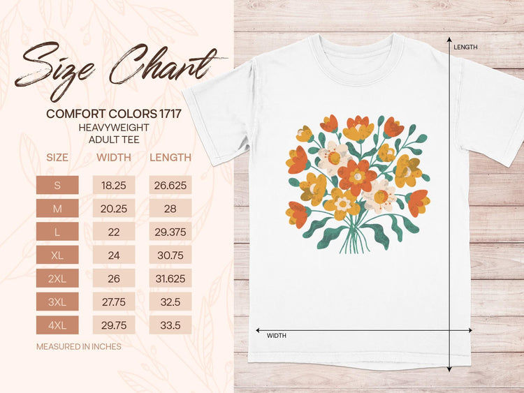 Comfort Colors 1717 heavyweight adult tee size chart with width and length measurements in inches.