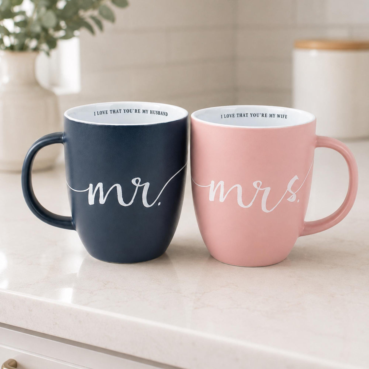 Mr and Mrs Coffee Mugs, Navy Blush Pink Couple Gift