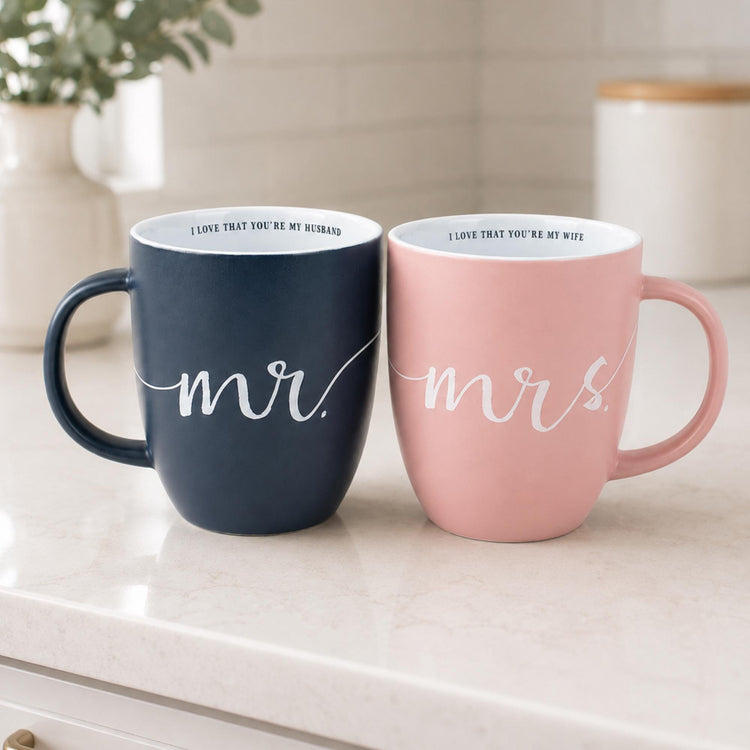 Mr and Mrs Coffee Mugs, Navy Blush Pink Couple Gift