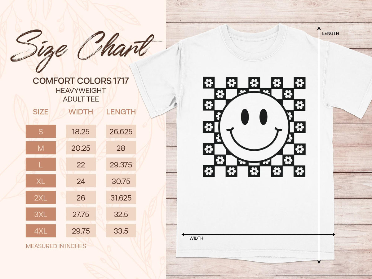Comfort Colors 1717 size chart for adult tees with width and length measurements in inches.