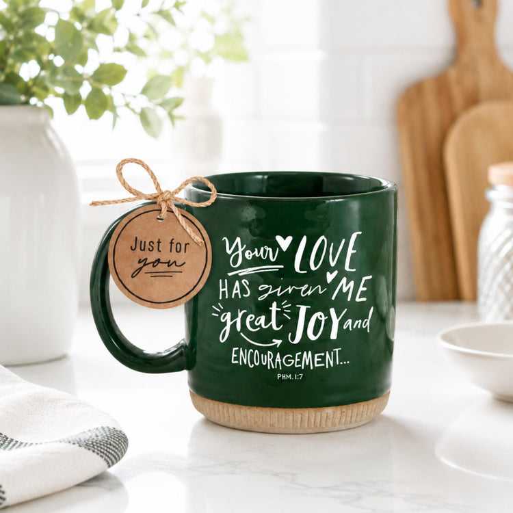 Green Ceramic Mug, Inspirational Christian, Bible Verse Philemon 1:7