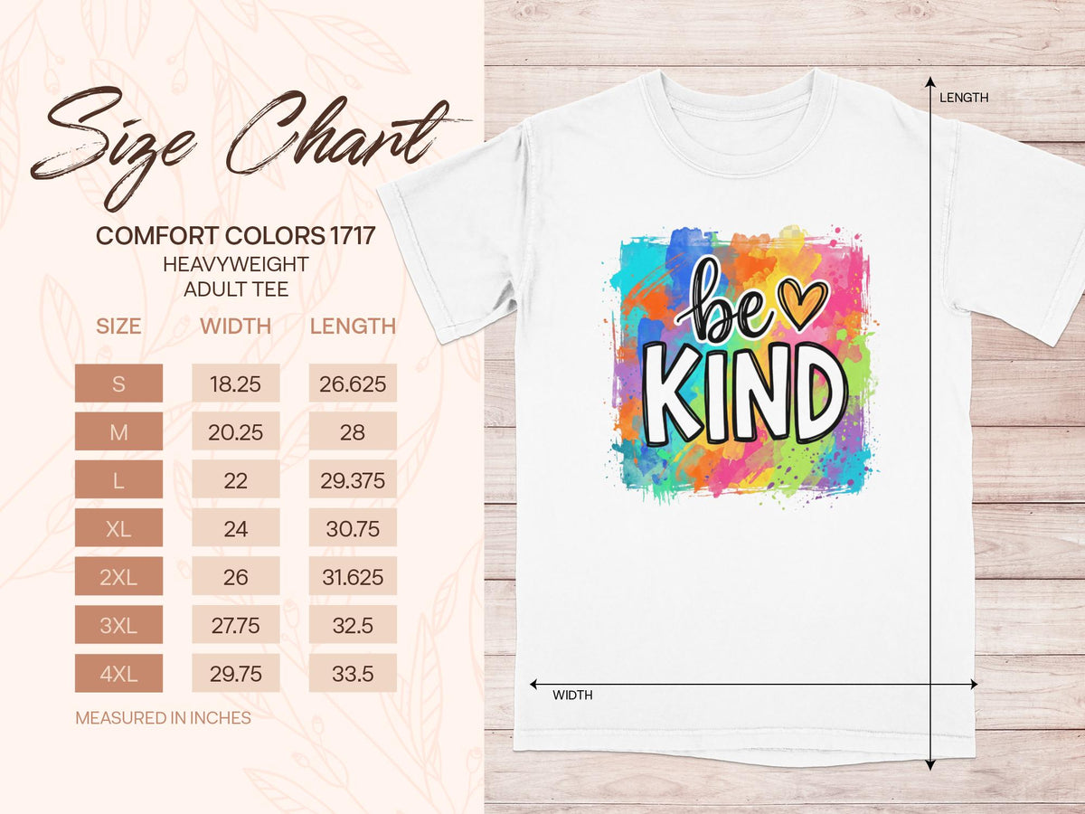 Size chart for Comfort Colors 1717 heavyweight adult tee showing sizes S-4XL.