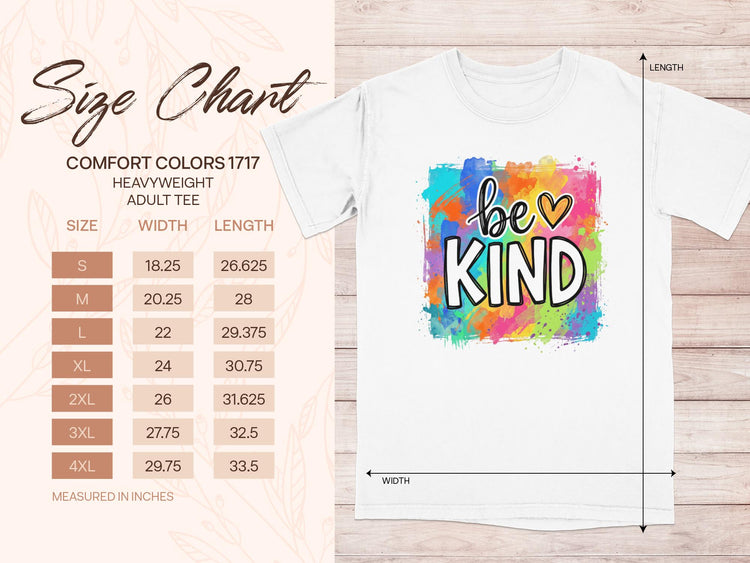 Size chart for Comfort Colors 1717 heavyweight adult tee showing sizes S-4XL.