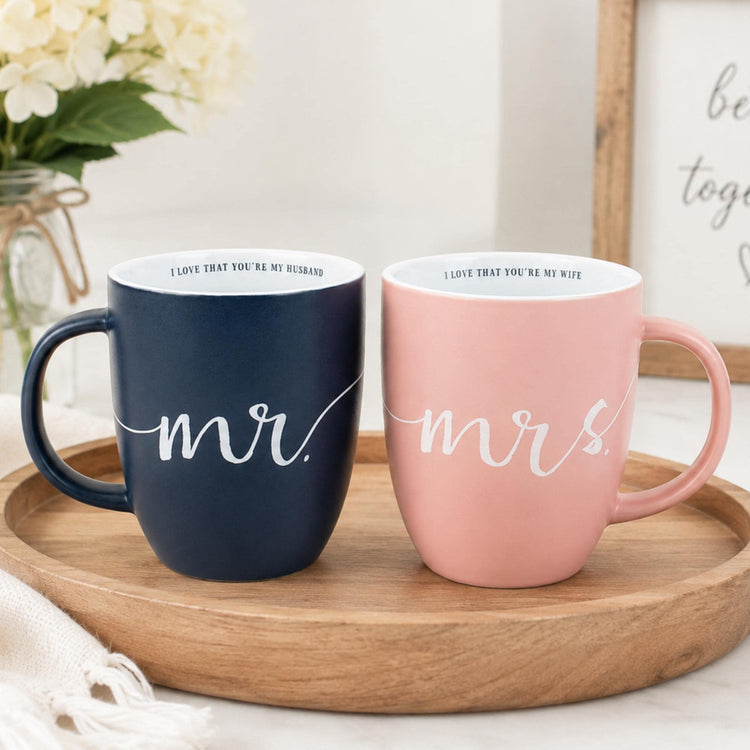 Mr and Mrs Coffee Mugs, Navy Blush Pink Couple Gift