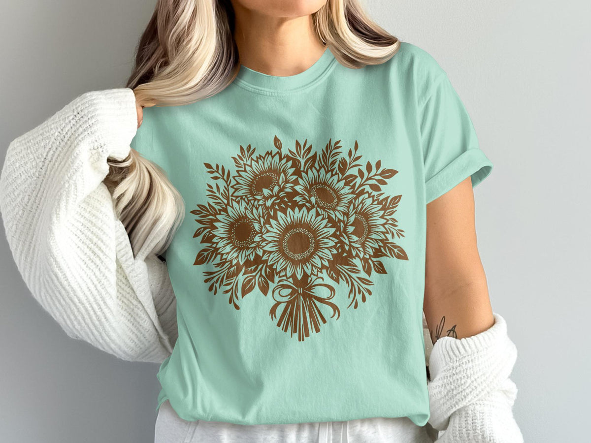 Mint green t-shirt with a brown sunflower bouquet design and bow.