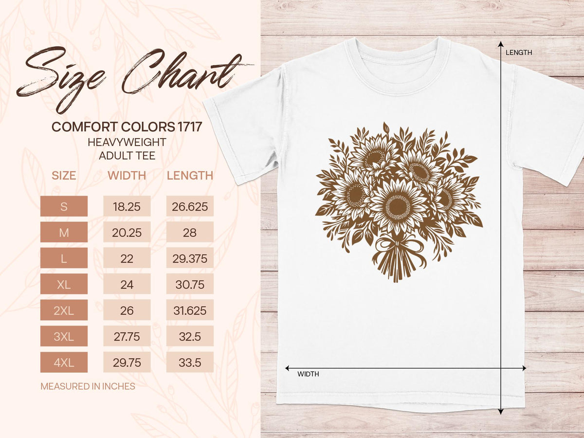 Comfort Colors 1717 adult tee size chart with width and length measurements in inches.