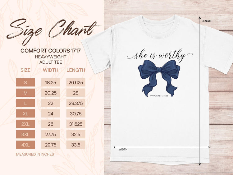 Adult tee size chart with measurements in inches for sizes S through 4XL.