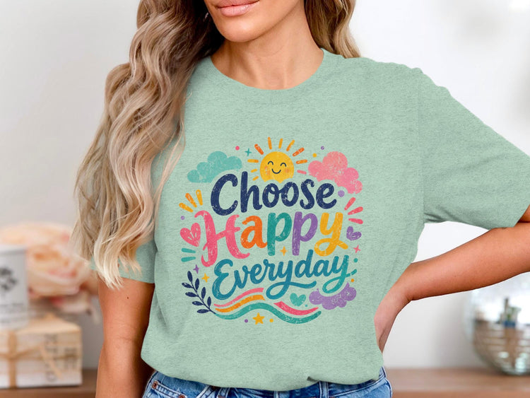 Light green t-shirt with "Choose Happy Everyday" text and colorful sun graphic.