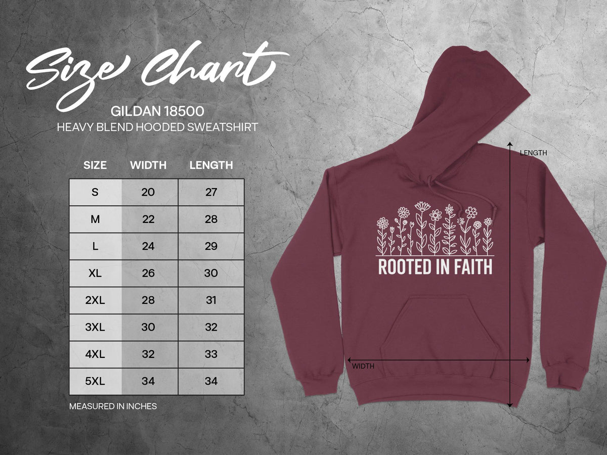 Gildan 18500 Heavy Blend Hooded Sweatshirt size chart with width and length measurements.