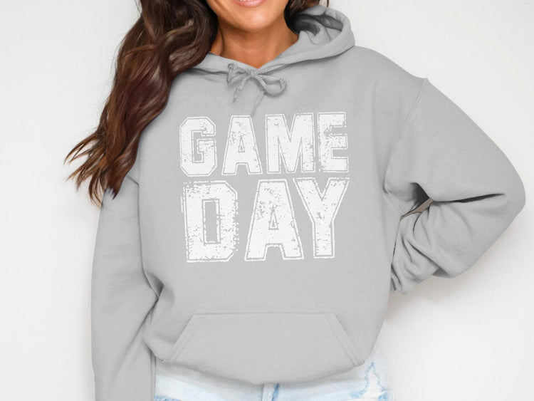 Light gray hoodie with distressed white "GAME DAY" text