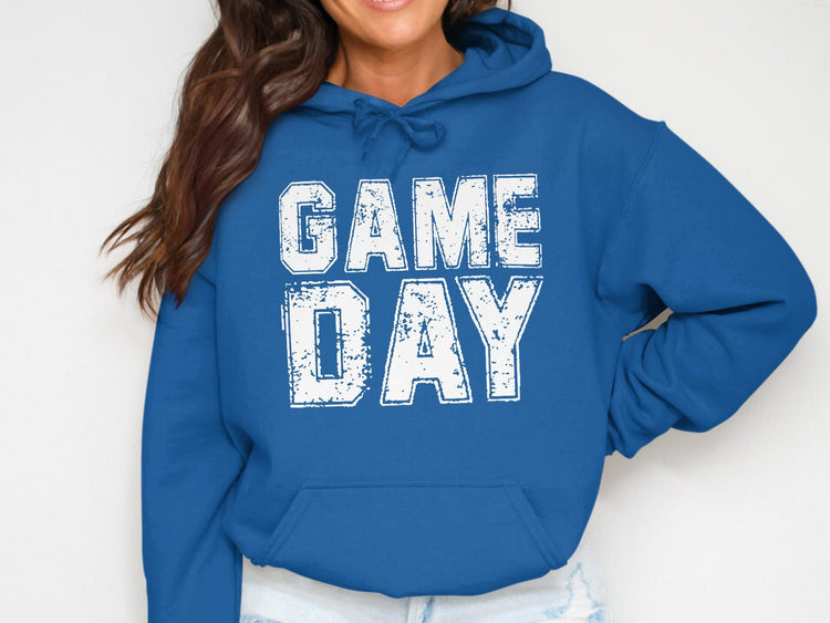 Blue hoodie with white distressed text that reads "GAME DAY".