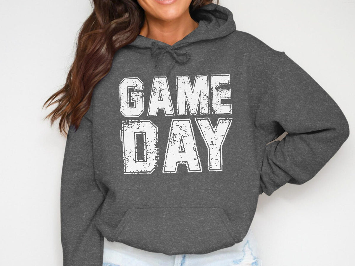 Dark gray hoodie with white distressed text that reads "GAME DAY".