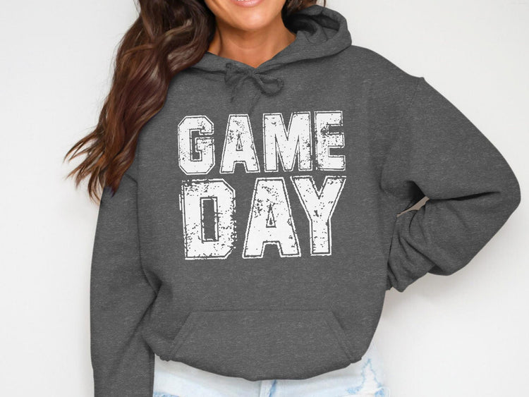 Dark gray hoodie with white distressed text that reads "GAME DAY".