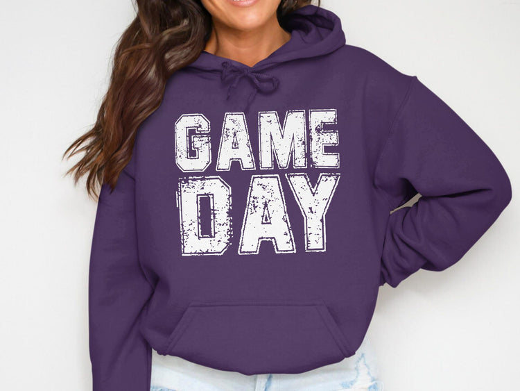 Purple hoodie with white distressed "GAME DAY" graphic across chest.